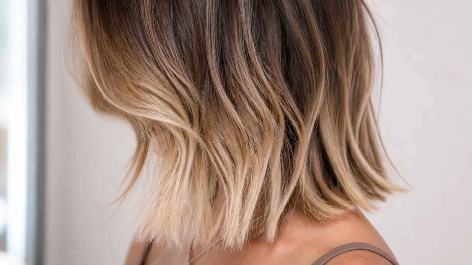 Dry faded ends on long hair beside healthier ends on a shorter cut