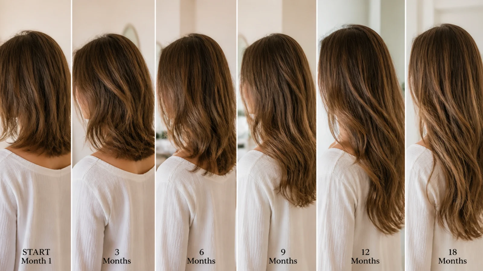 A growth timeline plate showing hair lengthening from the shoulder to the mid-back over months