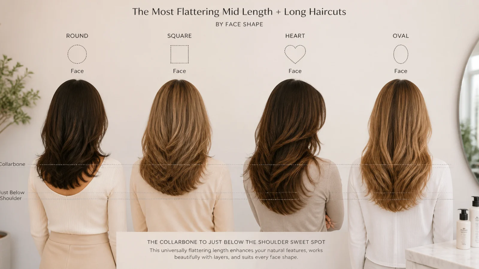 Round, square, oblong and heart shaped faces shown beside a mid length and a long cut
