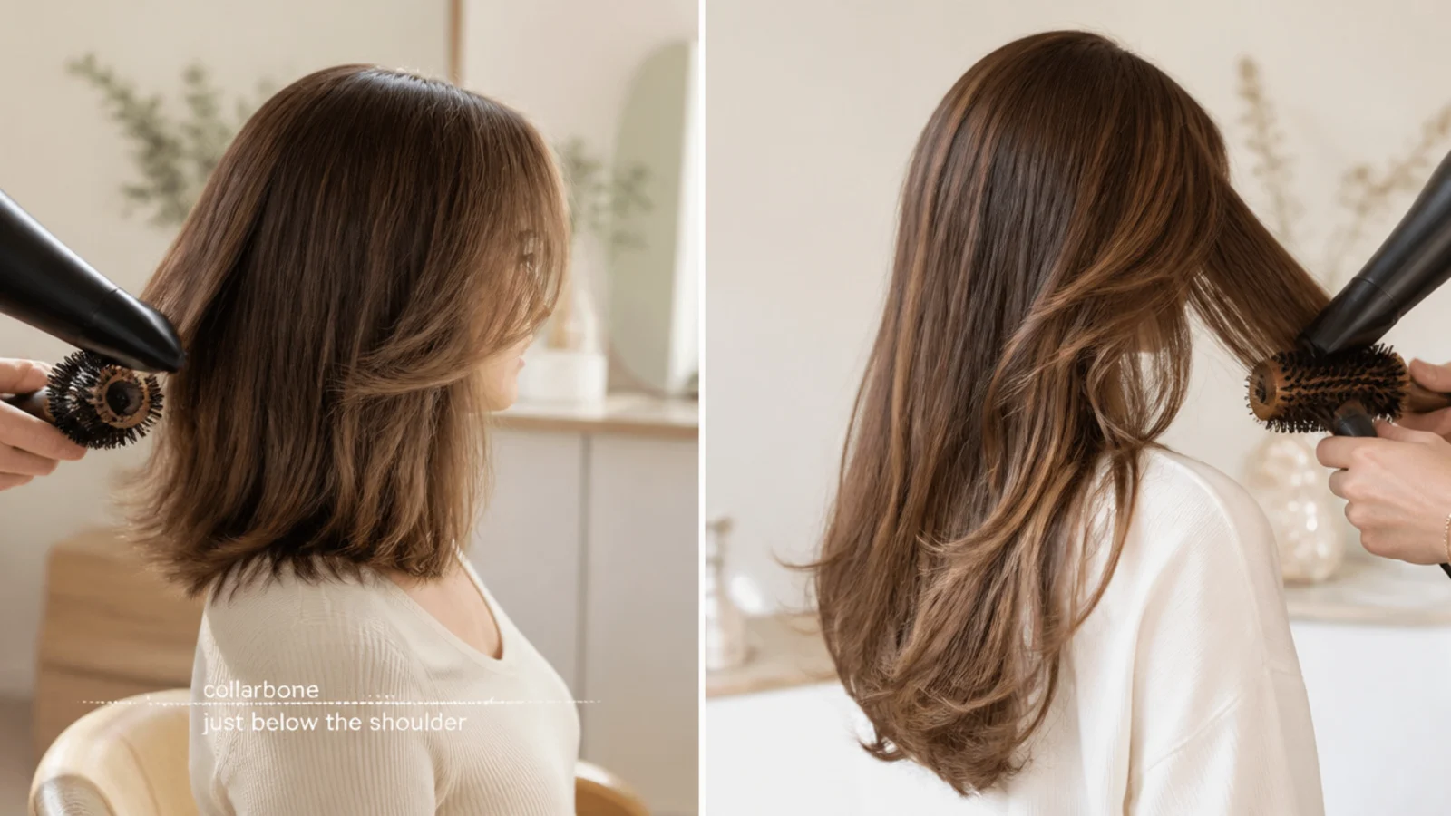 A clock graphic beside two women blow drying hair at different lengths