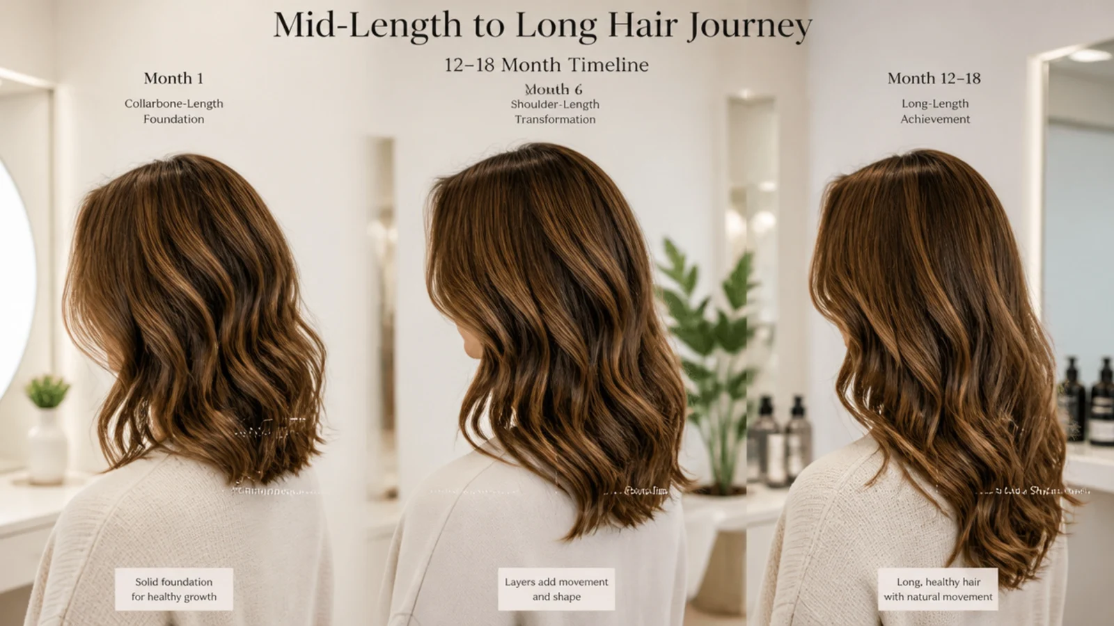 A month by month timeline showing hair growing from collarbone toward the mid-back