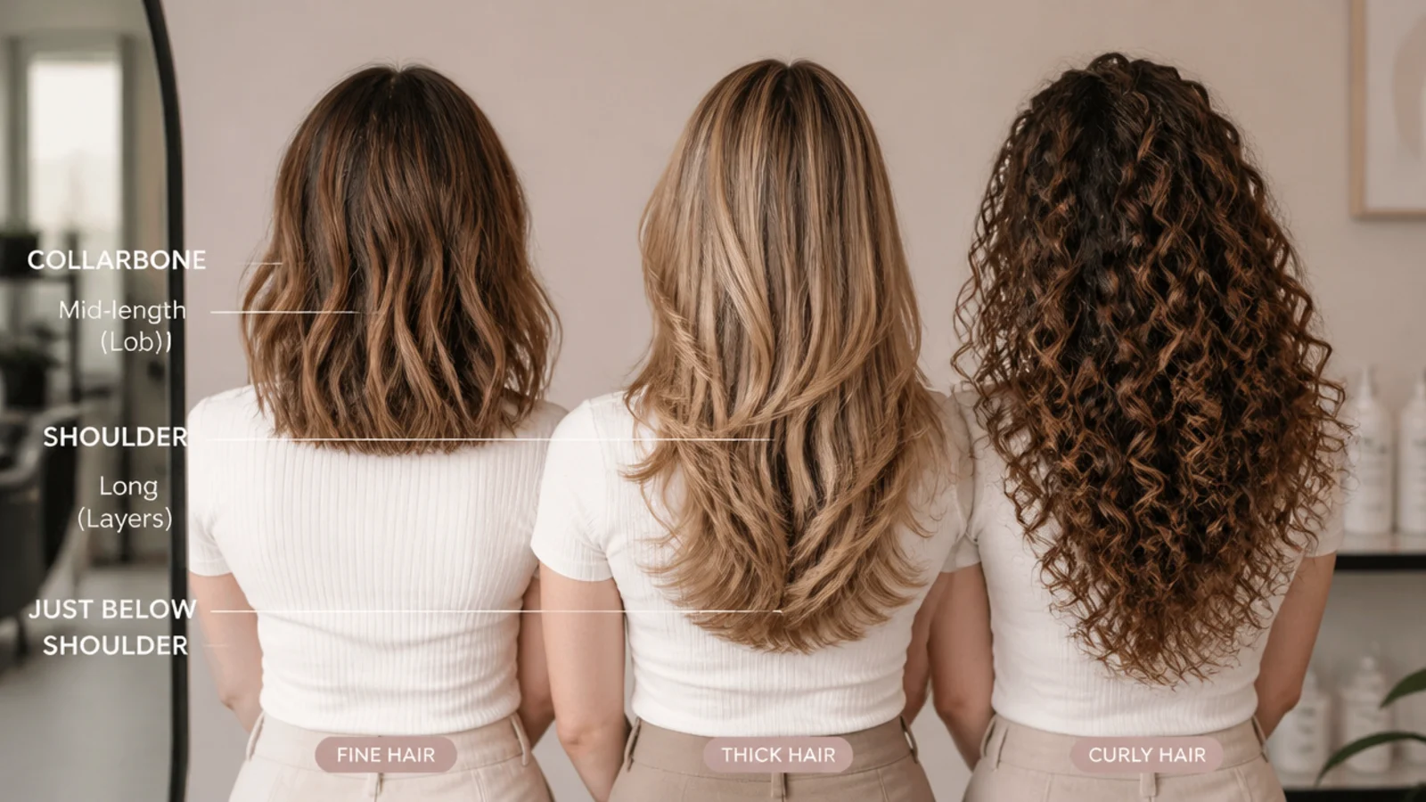 Fine, thick, wavy and curly hair shown at two lengths across a comparison plate