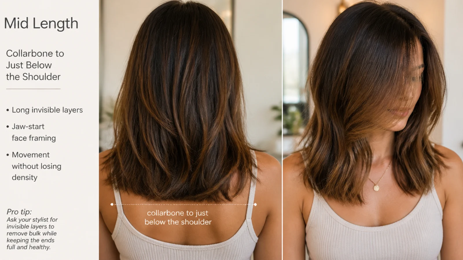 A stylist sectioning hair and measuring a layer against the collarbone