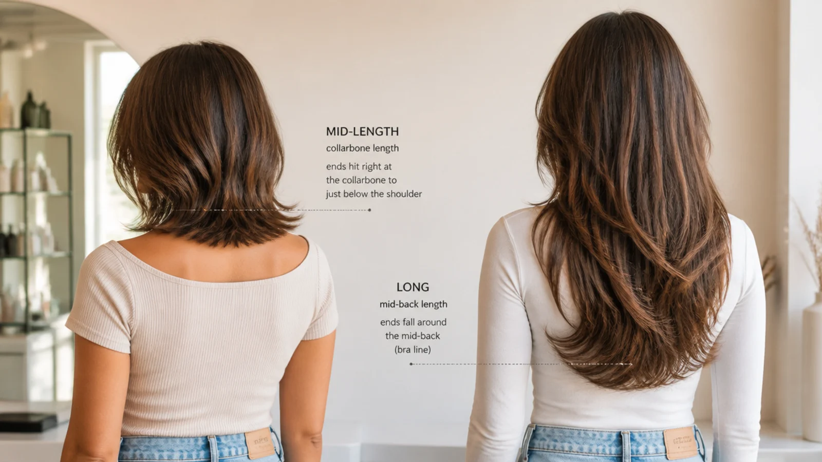 Two women from behind with dotted guide lines marking collarbone length on the left and mid-back length on the right