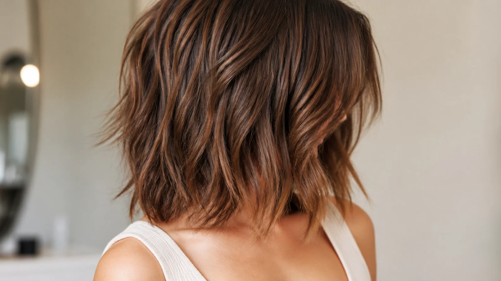 A collarbone length shag with curtain bangs parted down the centre