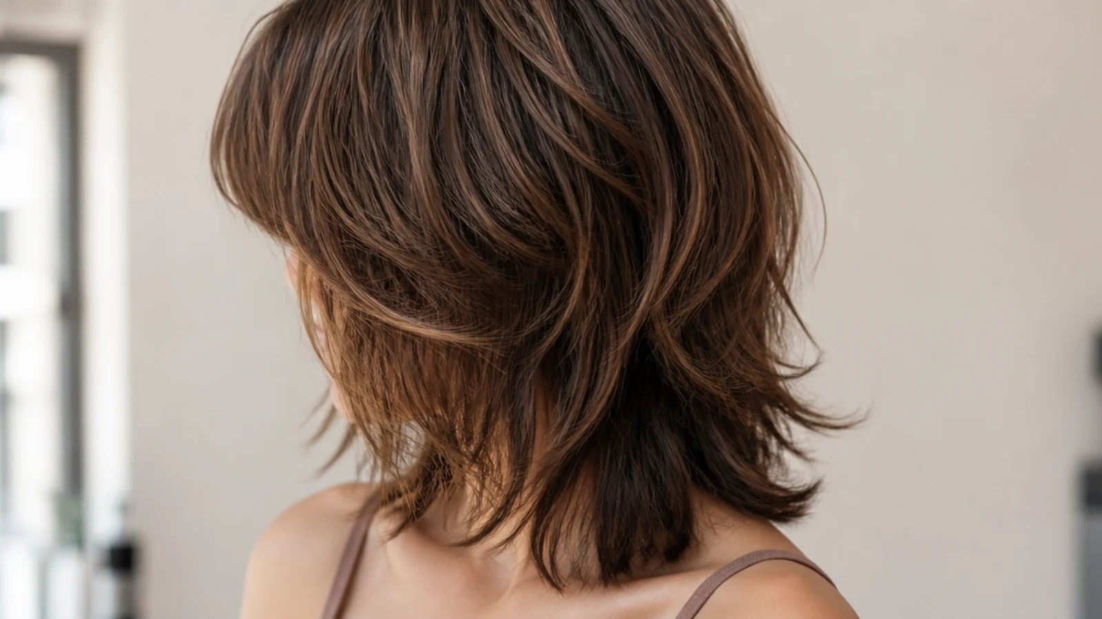 A voluminous seventies style shag with a full fringe and rounded crown