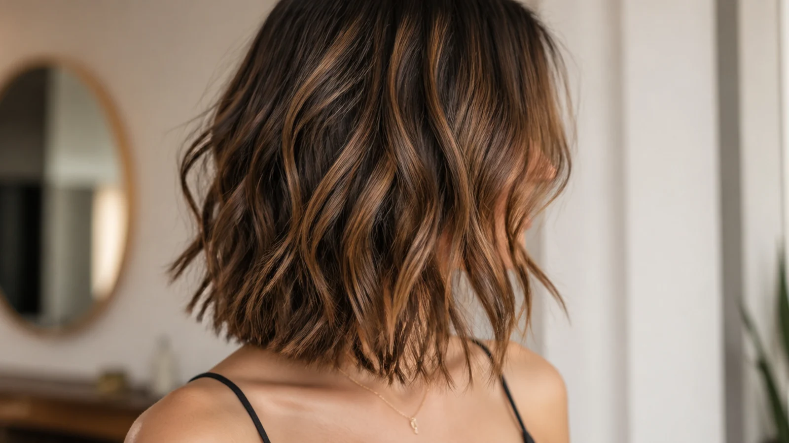 A blunt collarbone lob with textured interior layers