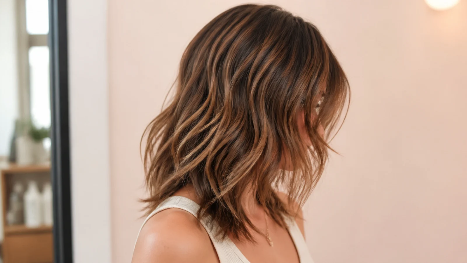 Defined 2B waves in a layered shag falling past the shoulders