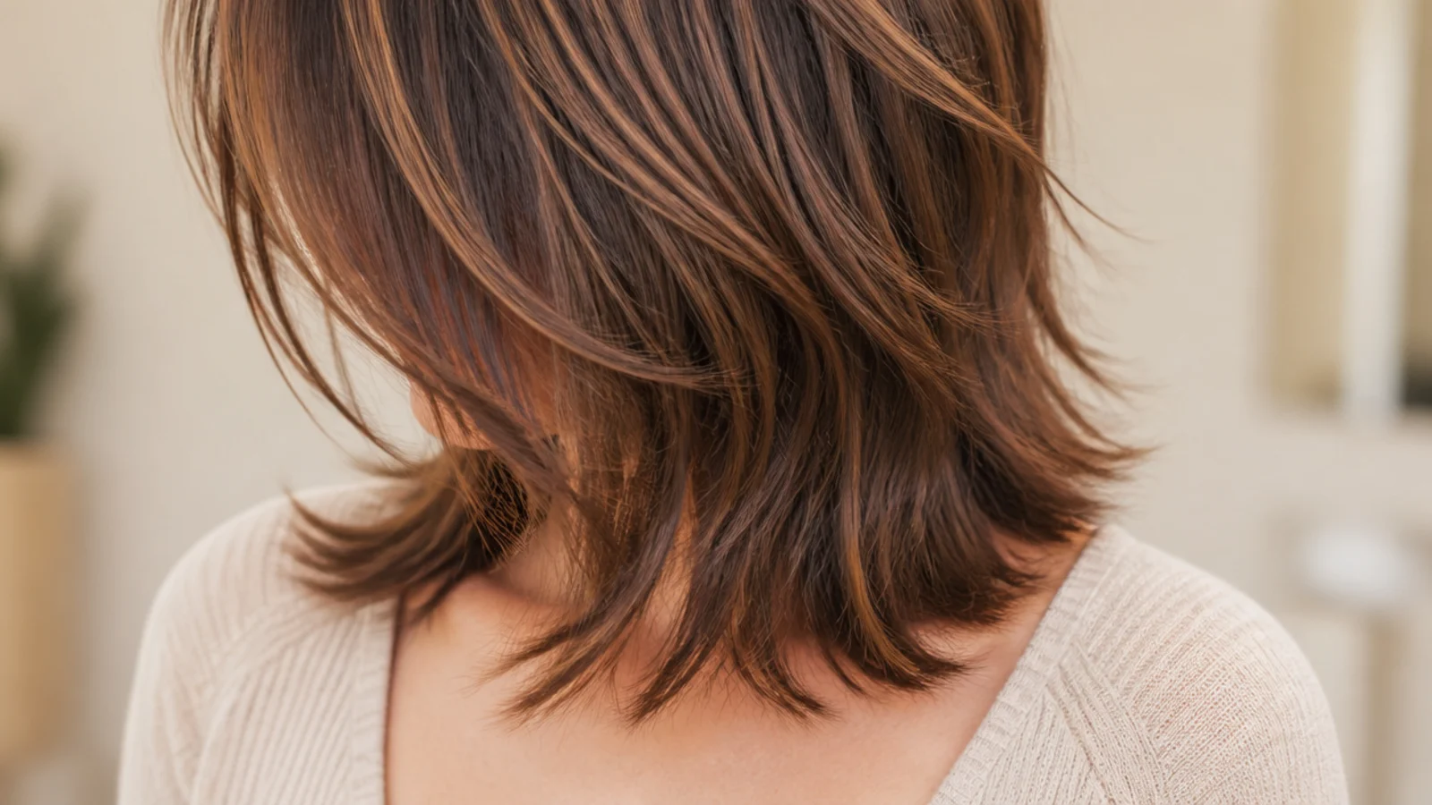 Thick dark hair cut into a shag with the bulk removed from underneath