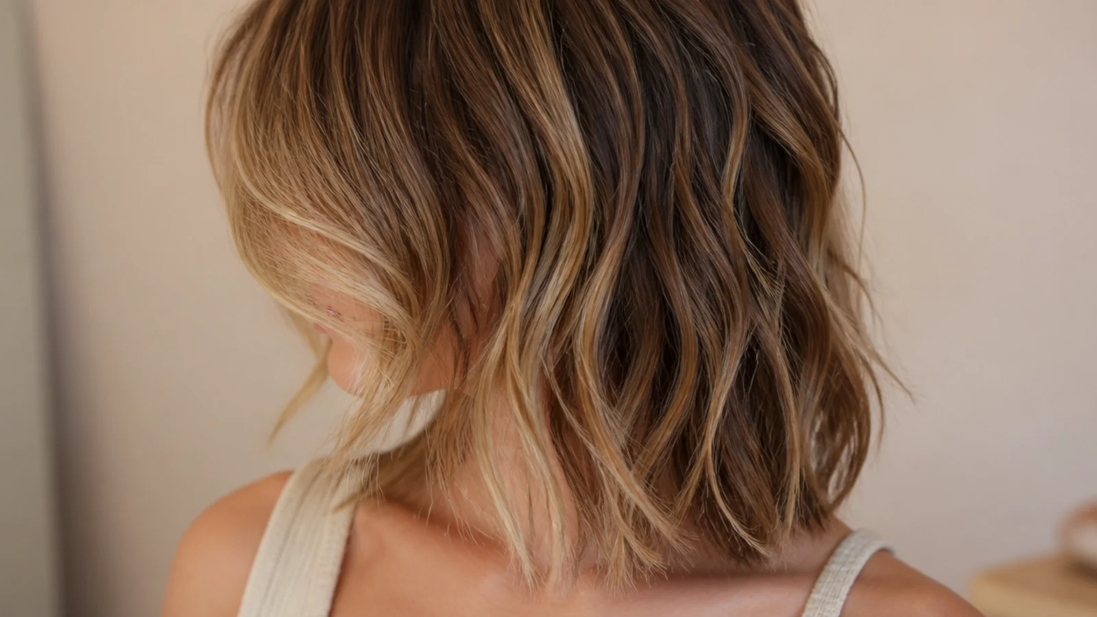 A loose bohemian shag with jaw length face framing pieces