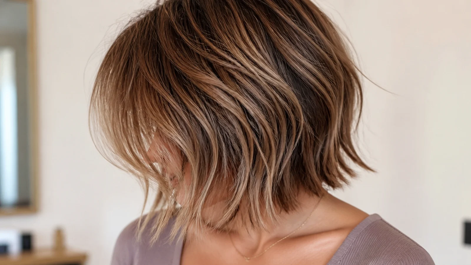 A short shaggy bob ending just above the collarbone