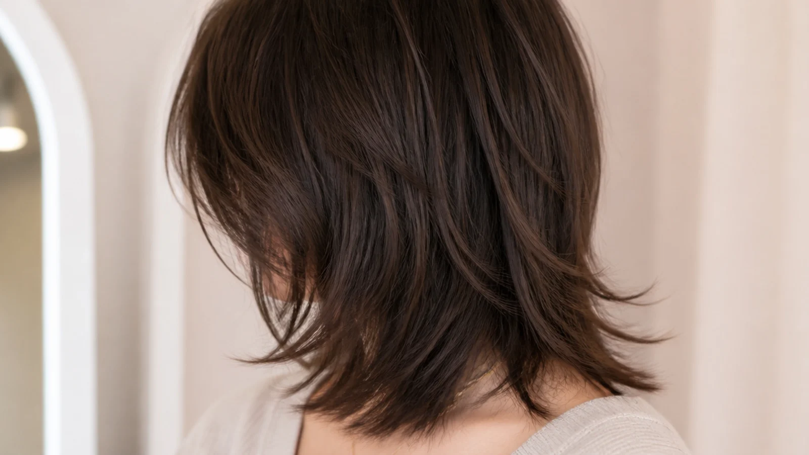Coarse dark hair razored into tapered shaggy layers