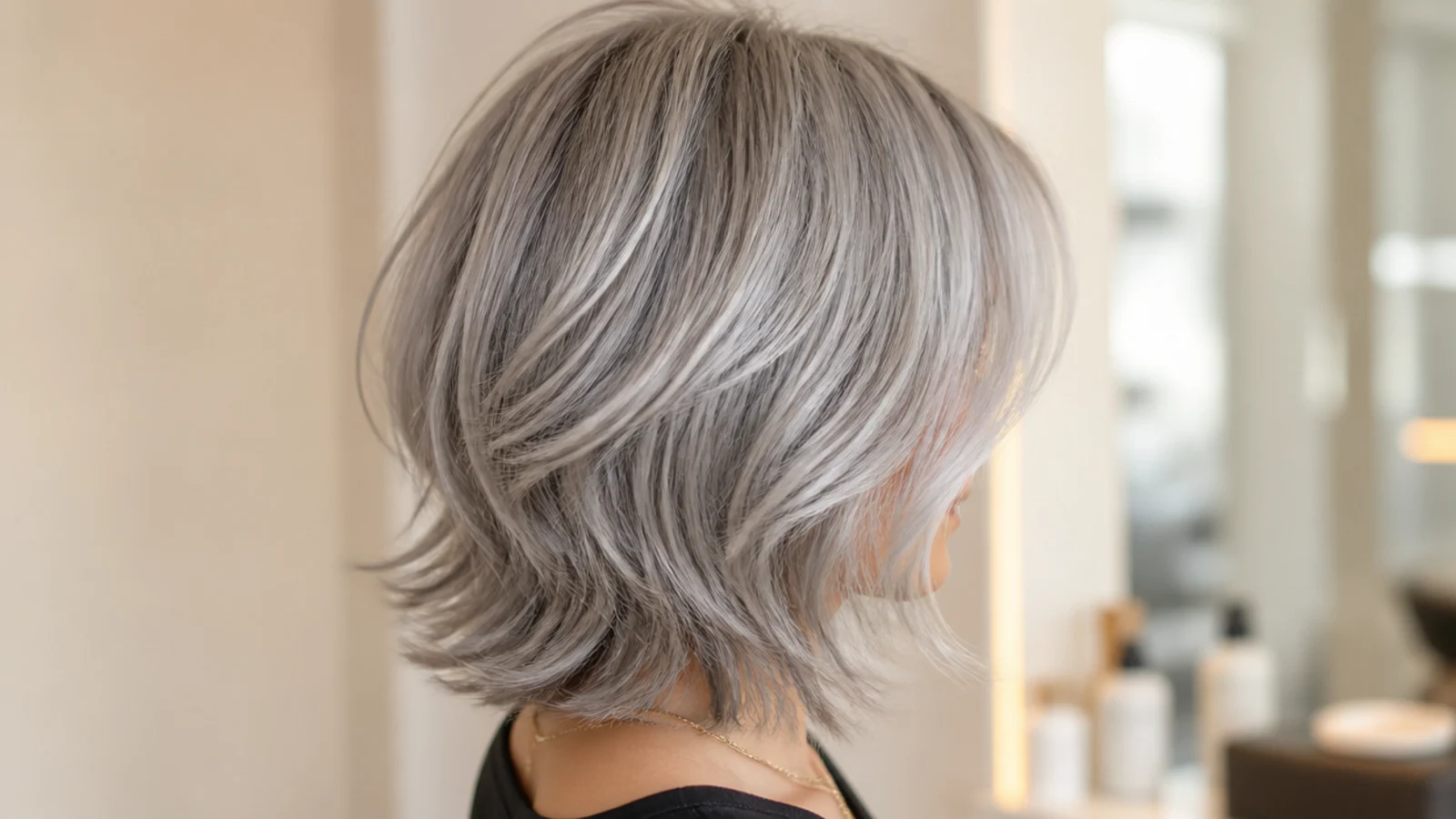 Silver grey hair cut into a textured shag with soft layers