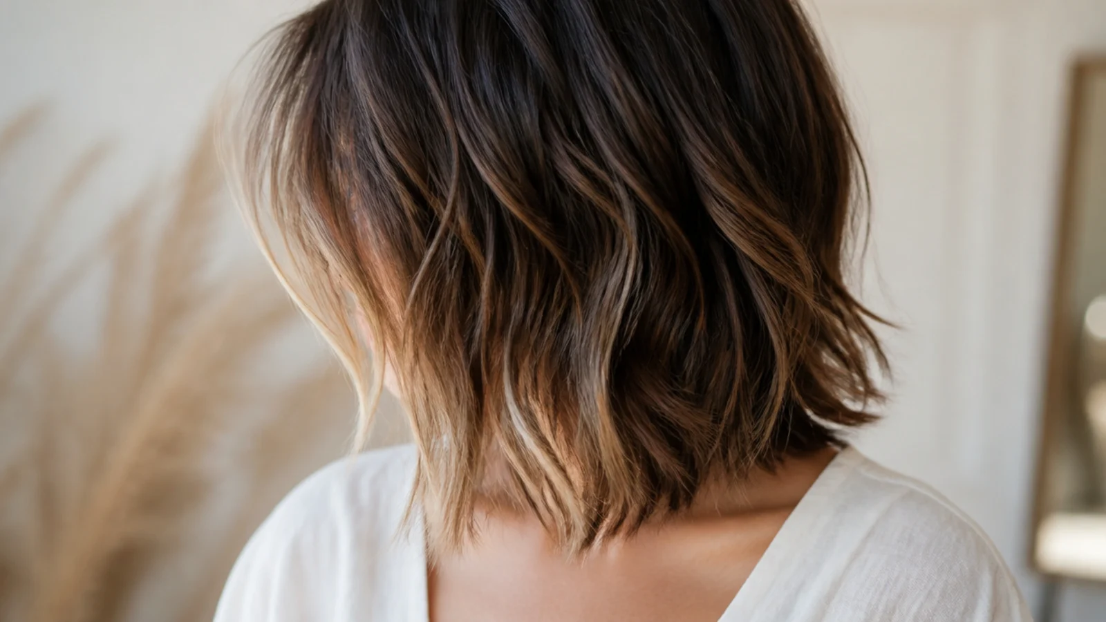 A choppy shag with two lightened face framing pieces at the front