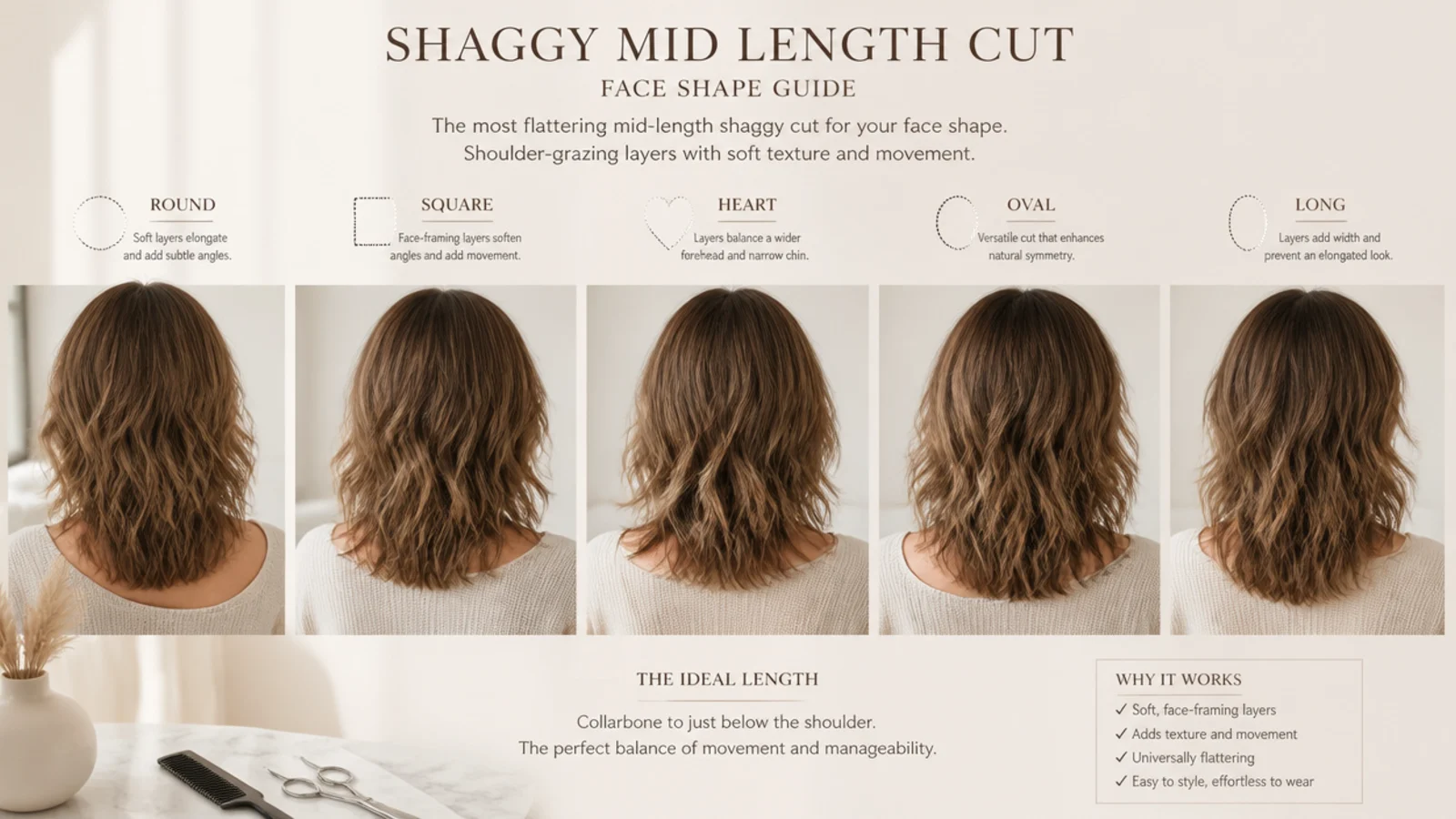Four face shapes shown with matching shag cuts