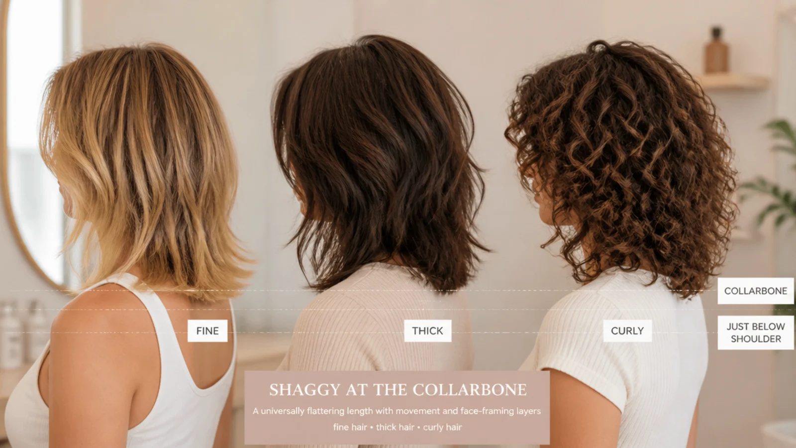 Fine, thick, wavy and curly hair each shown wearing a shag