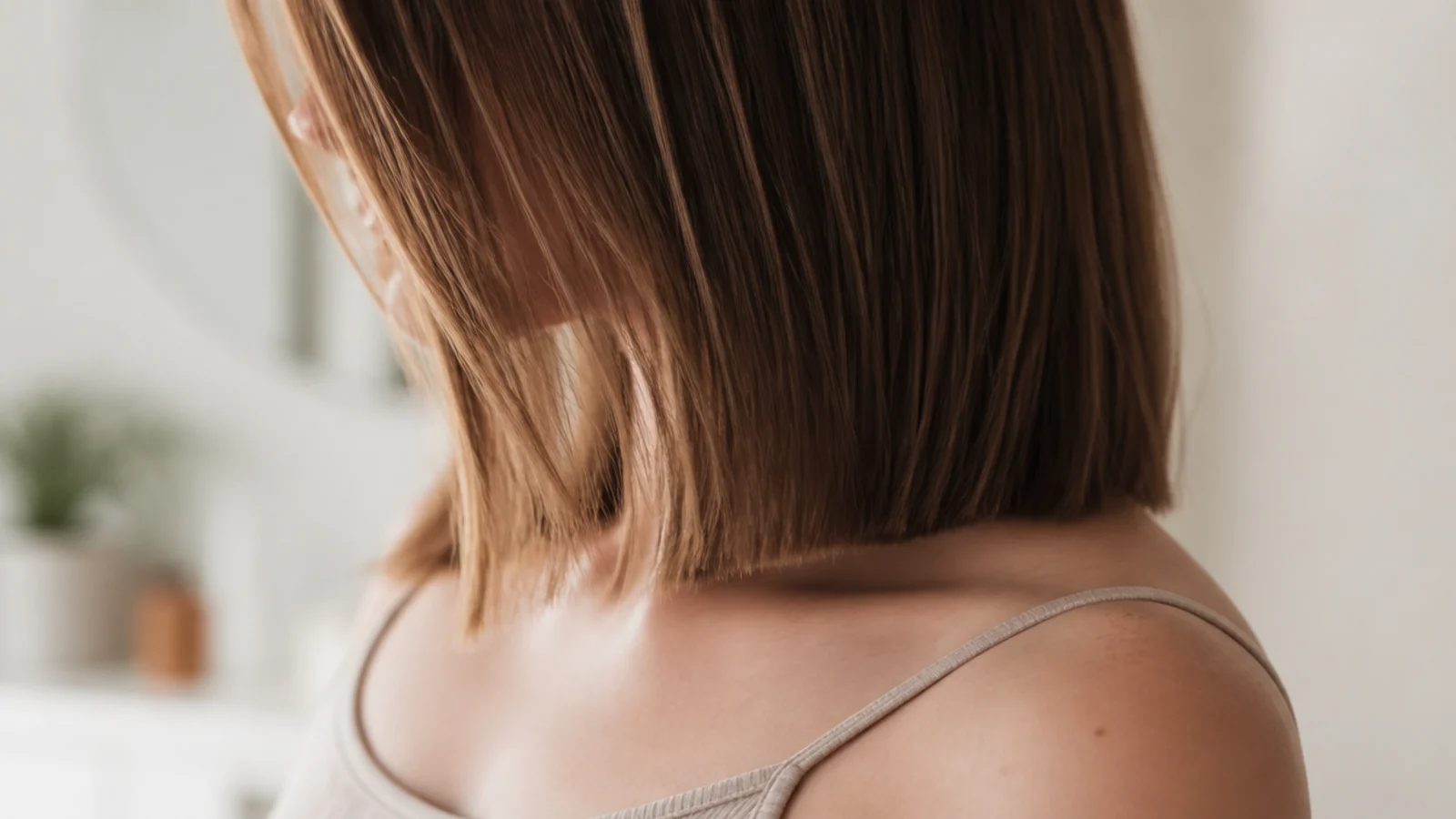 A blunt one length cut ending at the collarbone on straight dark hair