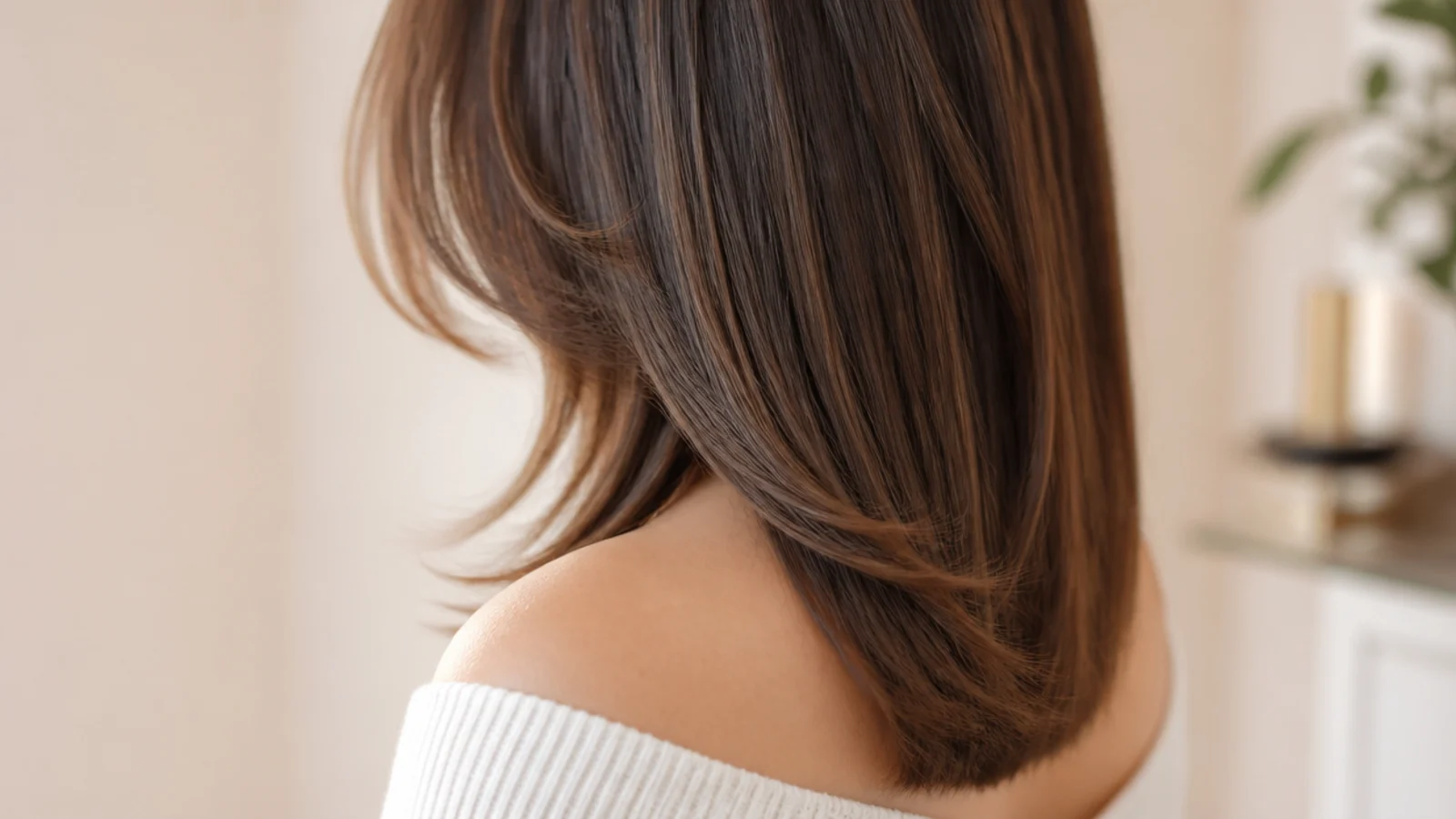 A softly tapered V shaped perimeter viewed from the back