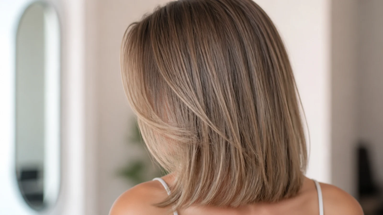 Centre parted curtain bangs sweeping away from the face on straight hair