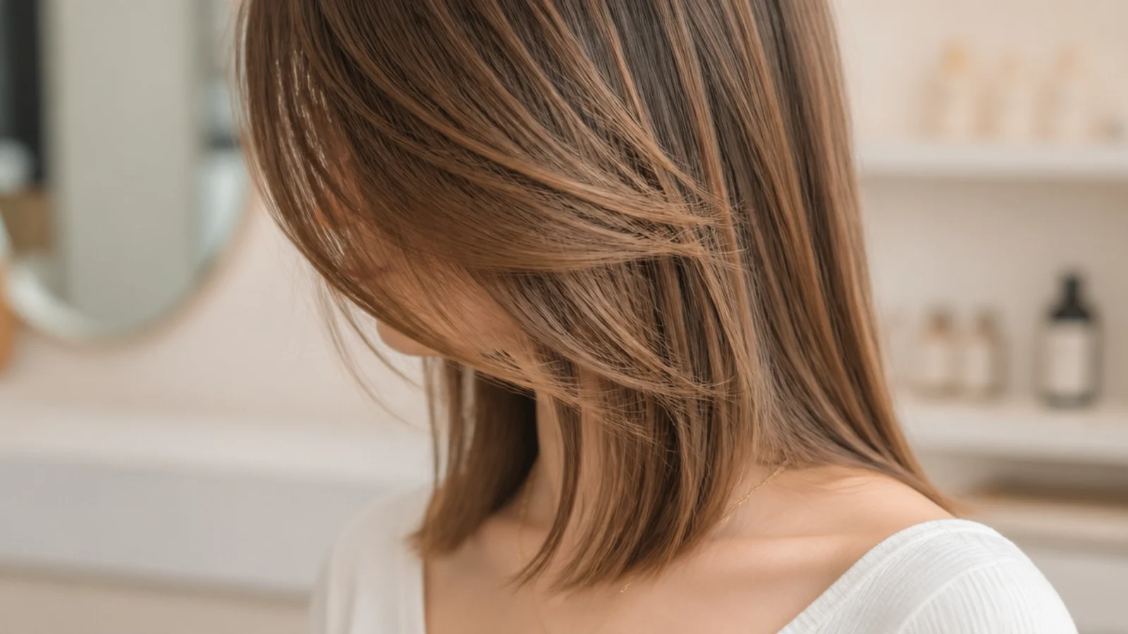 Jaw length face framing pieces beside the cheeks on straight hair