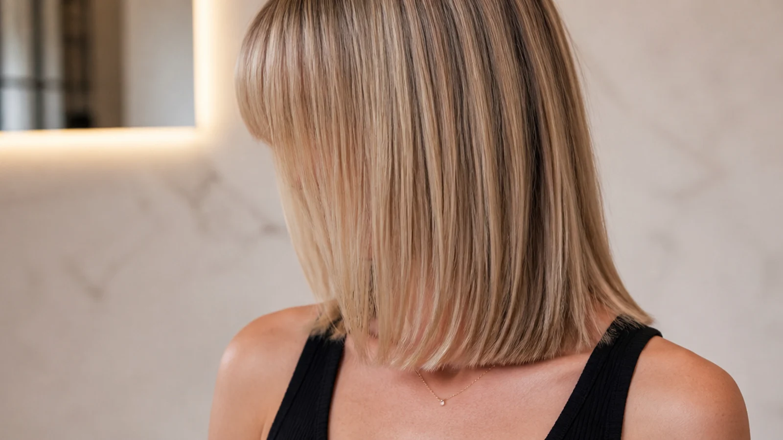 A blunt fringe cut straight across the eyebrows on sleek hair