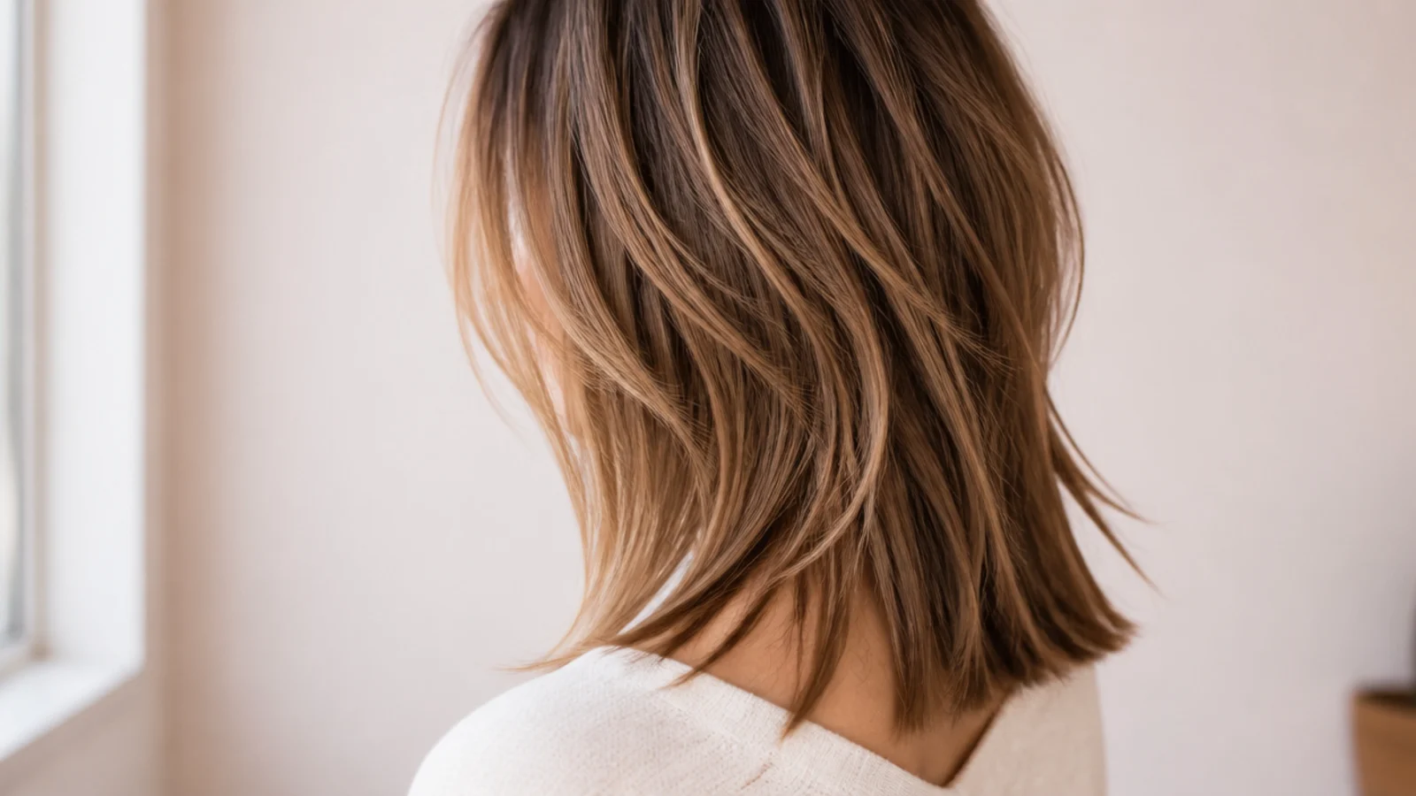 A shag cut with point cut tiers on straight hair