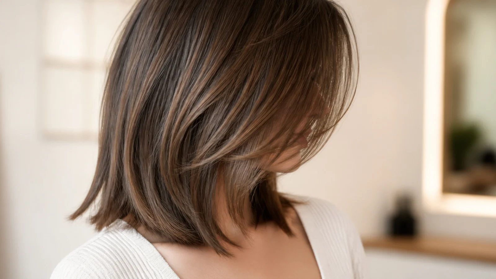 Side swept bangs falling diagonally across the forehead