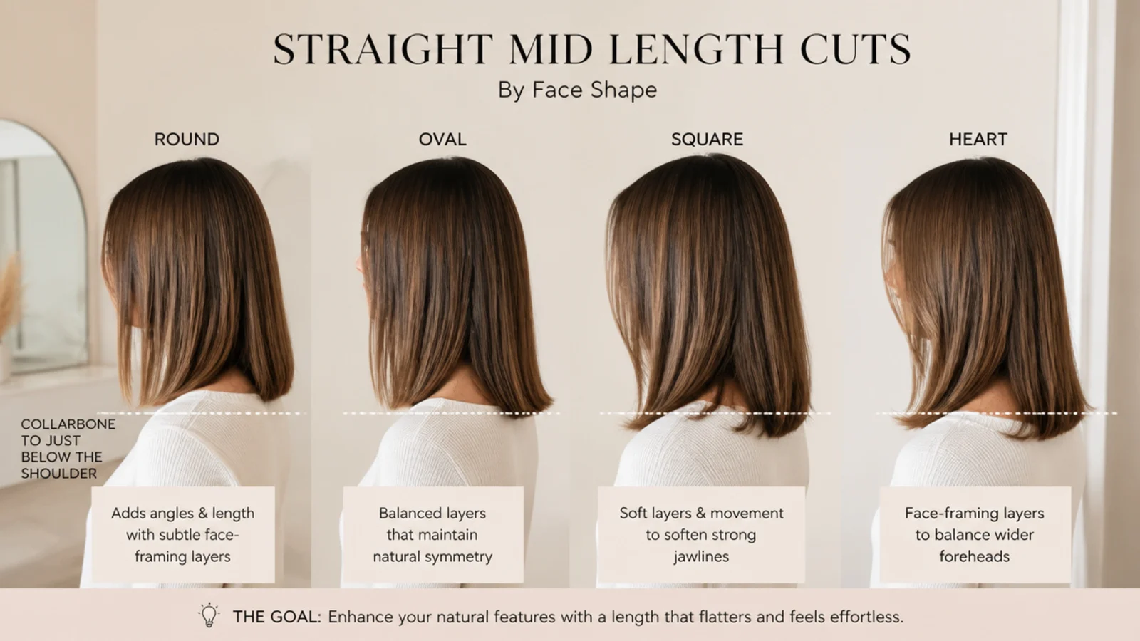 Four face shapes shown with matching straight mid length cuts