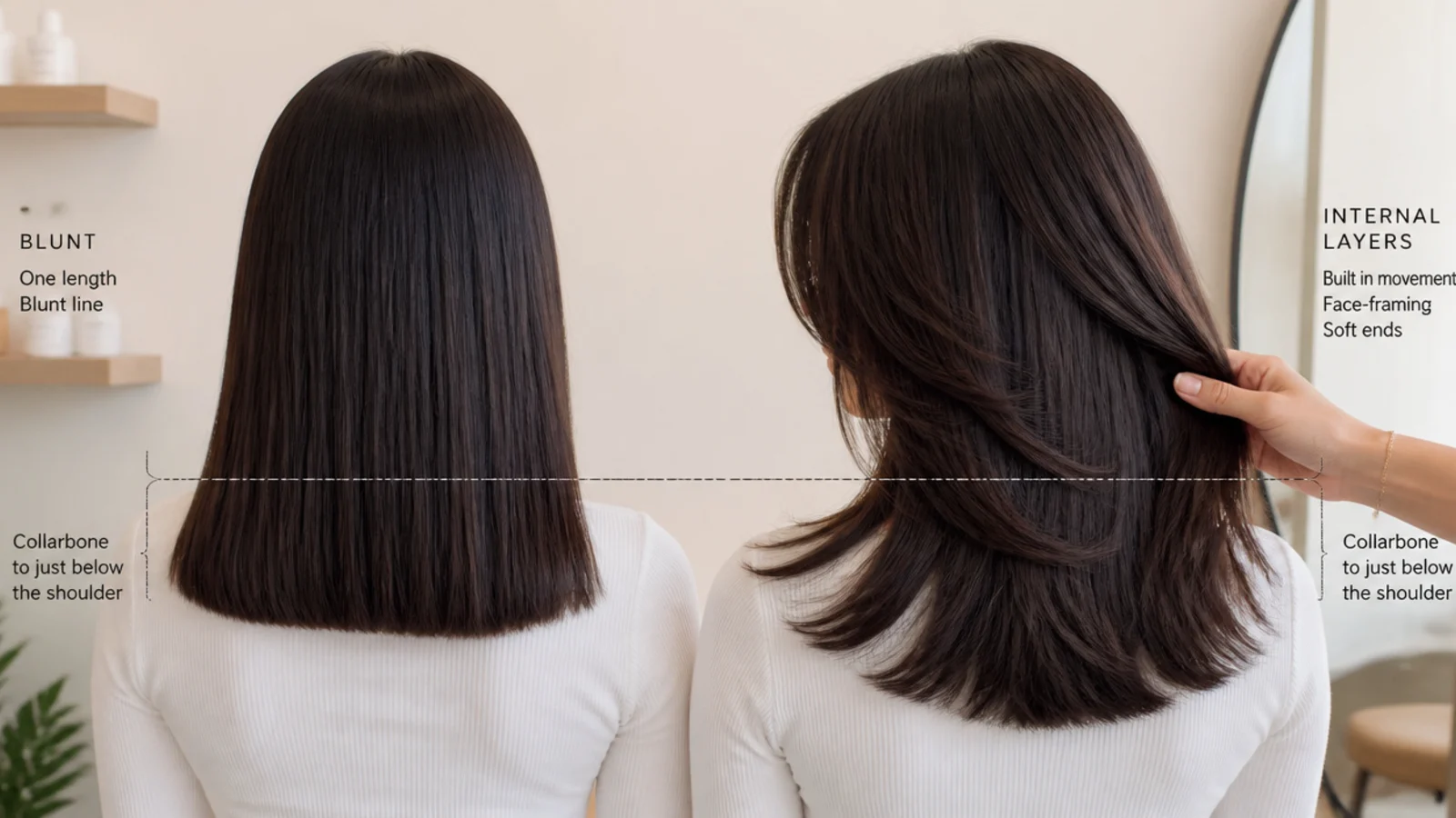 Fine straight hair and thick straight hair compared at the same length