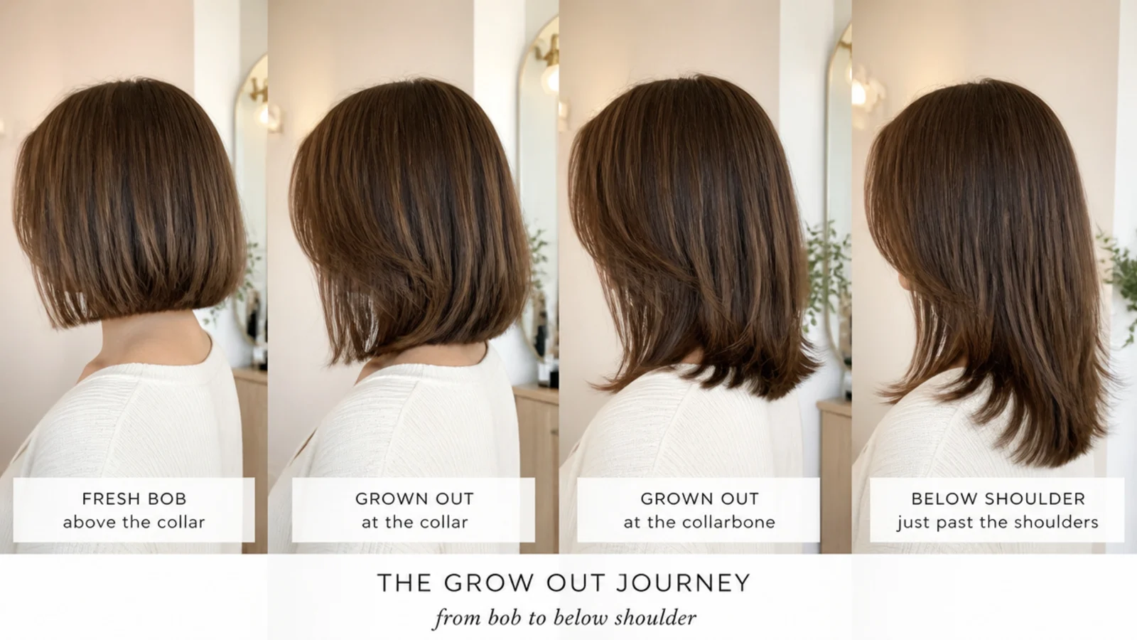 A grow out sequence showing straight hair lengthening past the shoulder