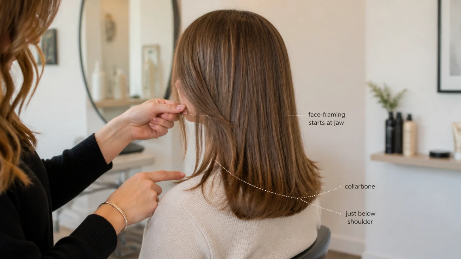 A stylist holding a section of straight hair against the collarbone during a consultation