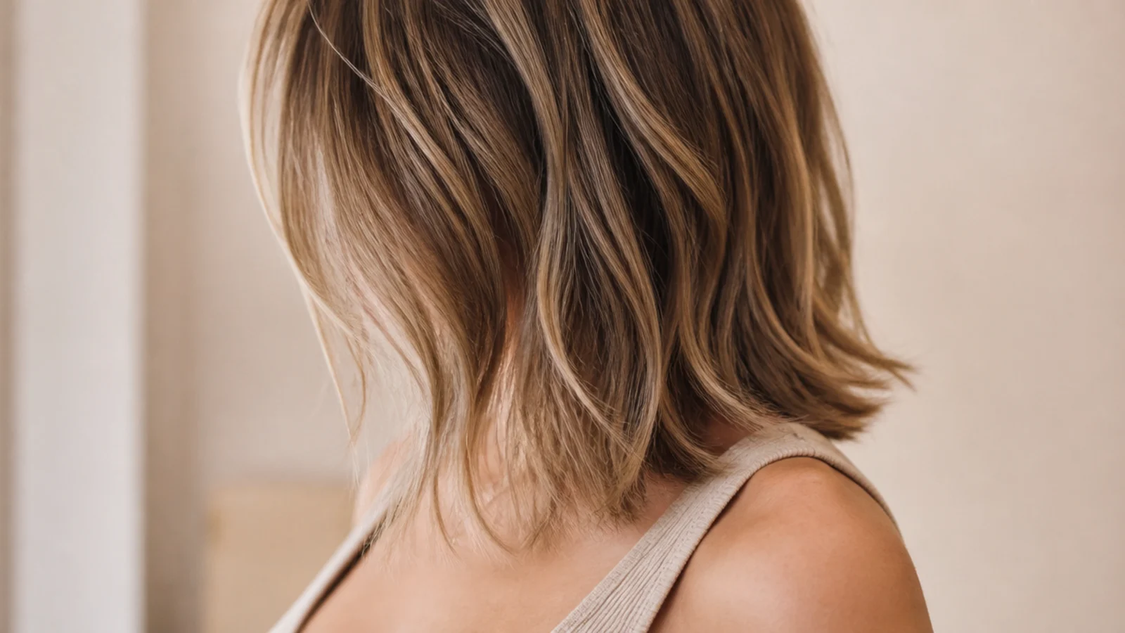 A grown out bob with textured ends reaching the shoulders