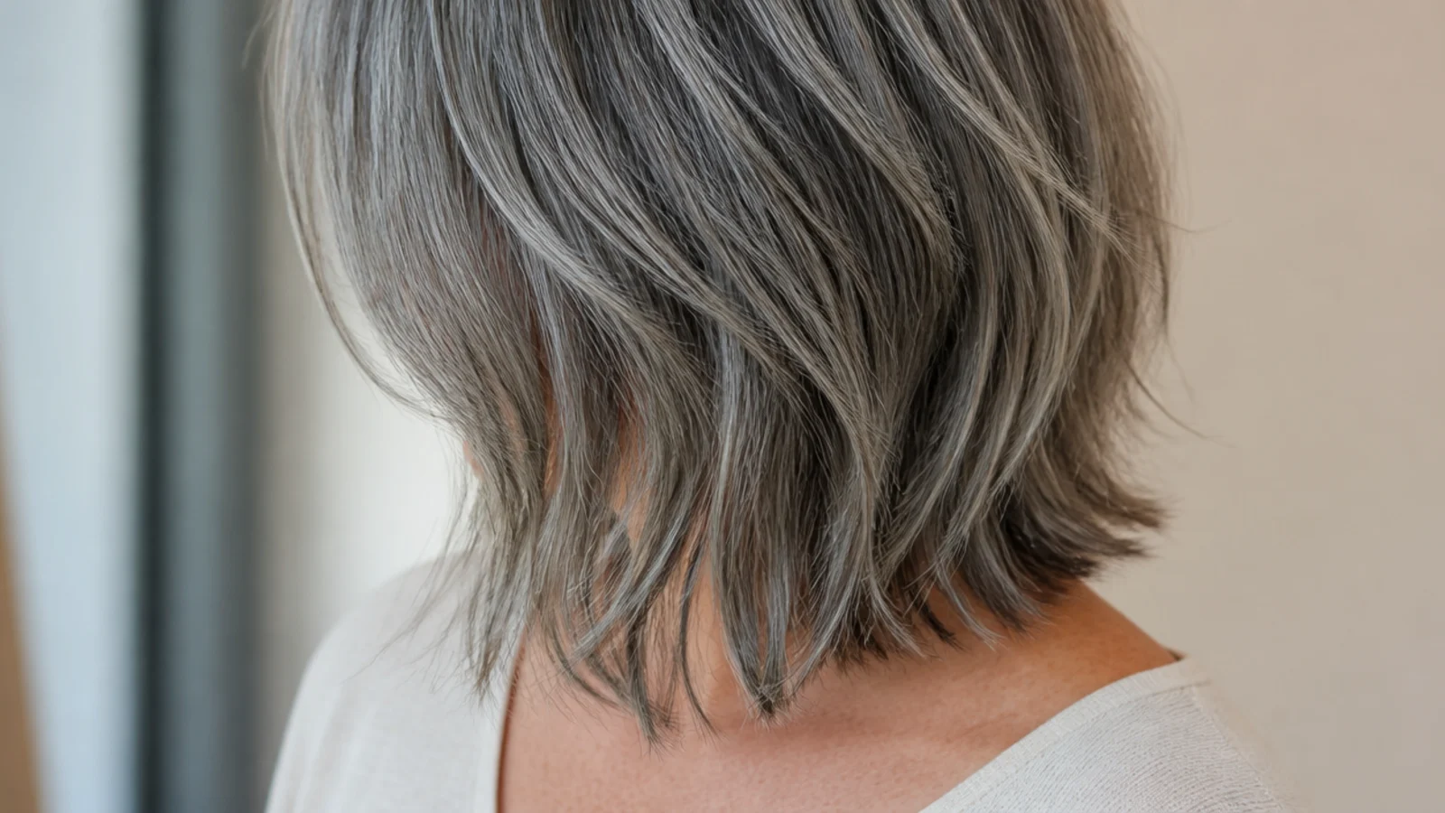 Grey strands blending into a textured mid length cut