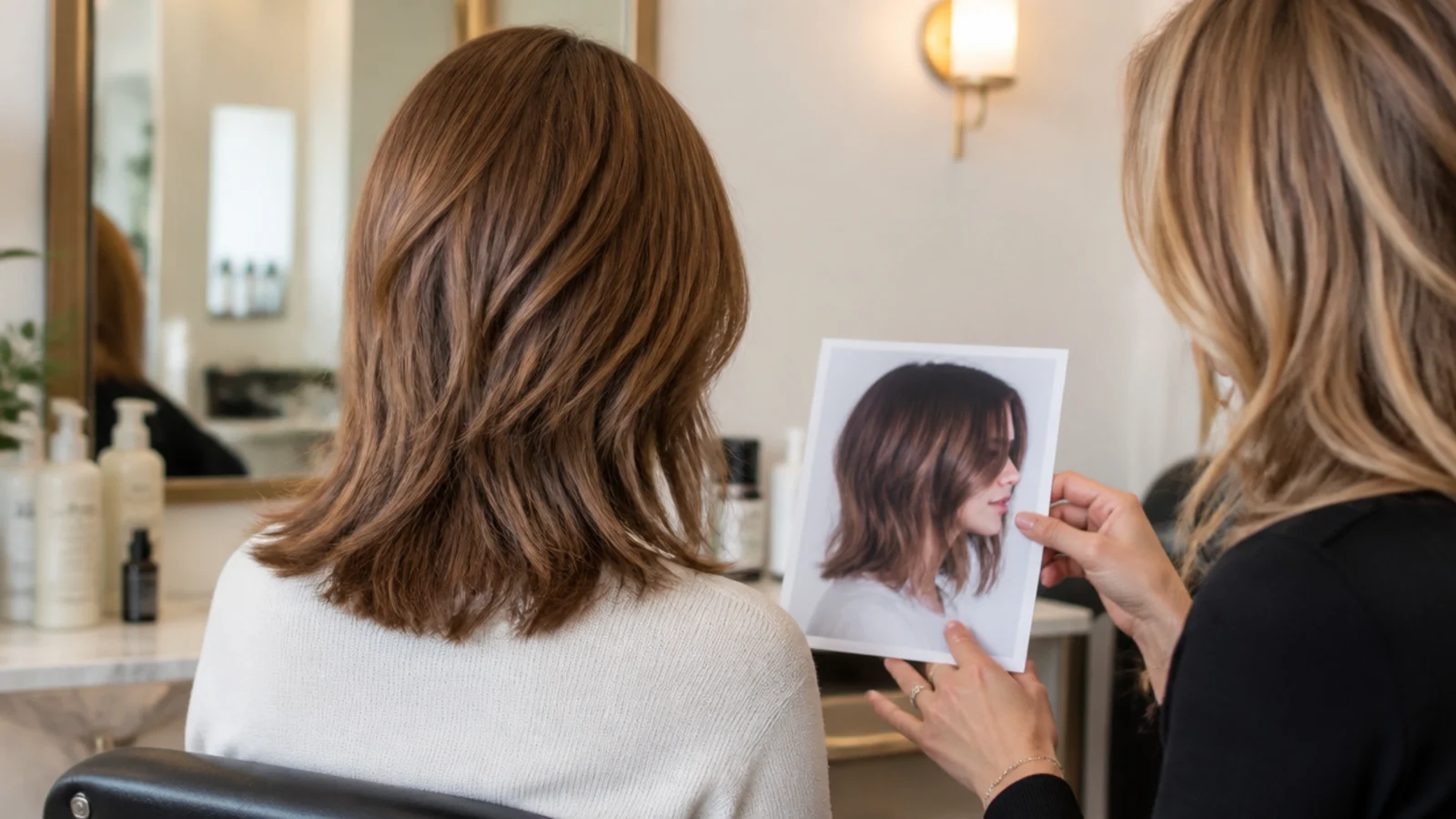 A stylist showing a client the ends of a section during a consultation