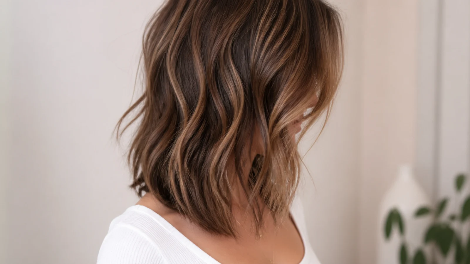Wavy curtain bangs parted in the centre and sweeping outward