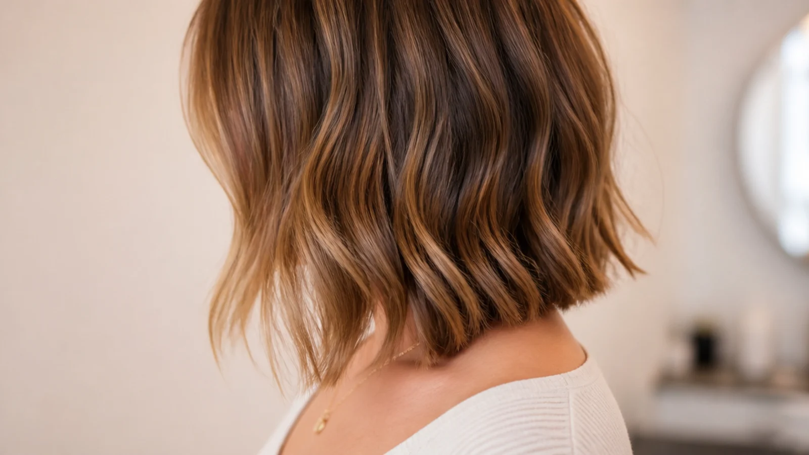 An angled lob cut longer at the front on wavy hair