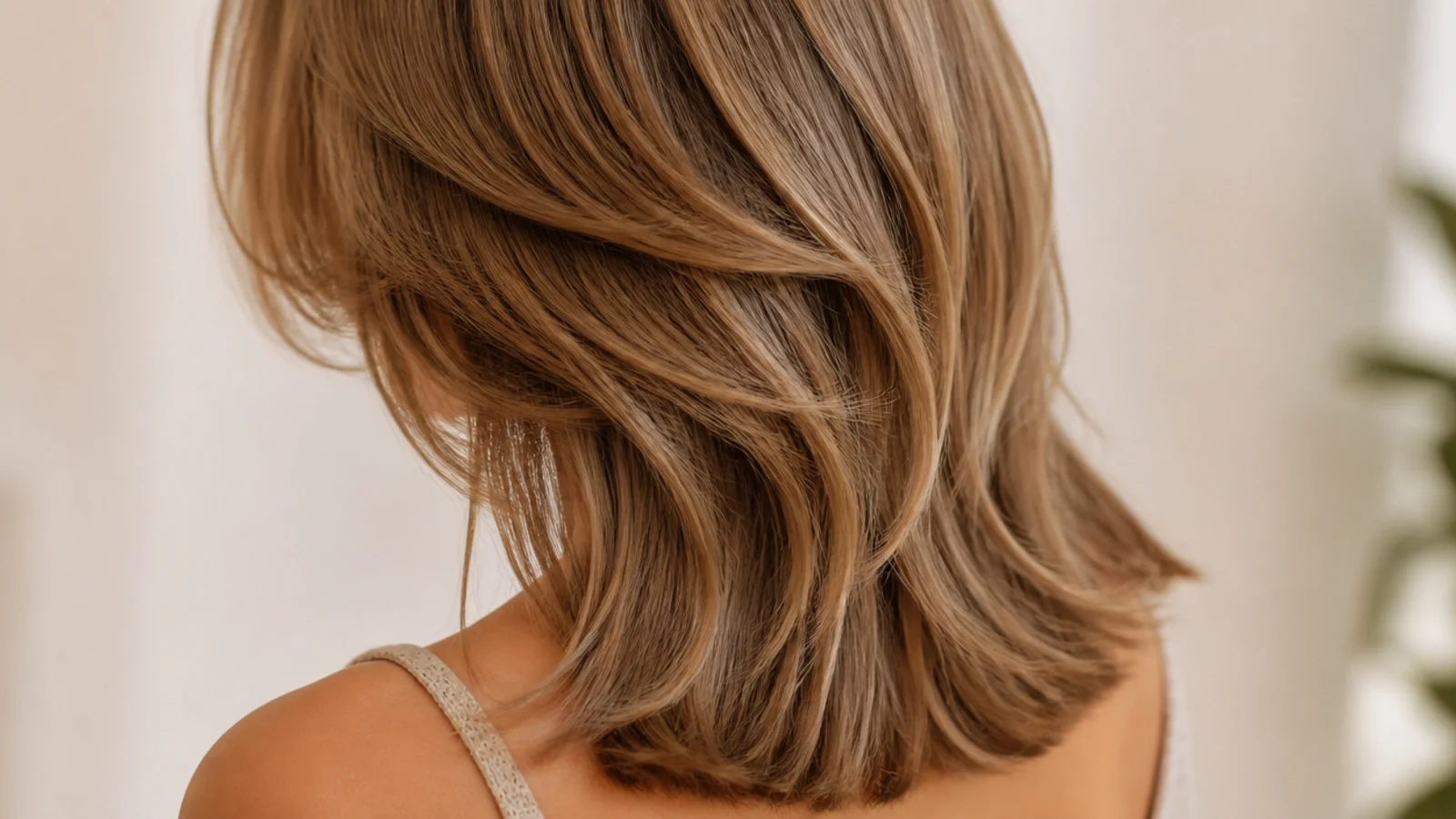 A butterfly cut with a short chin length tier over long wavy layers