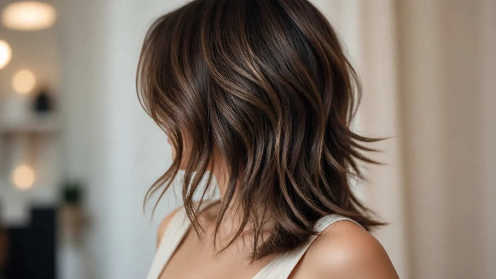 A wolf cut with a high crown and long wavy ends