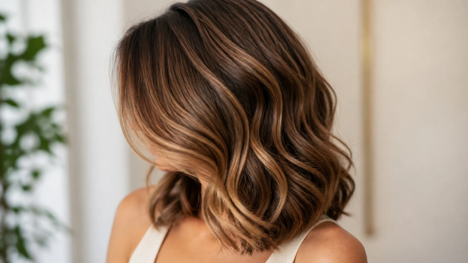 Wavy hair worn with a deep side part and lifted roots