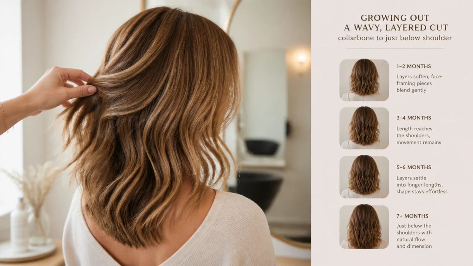Wavy hair growing past the shoulder blades with softened layers