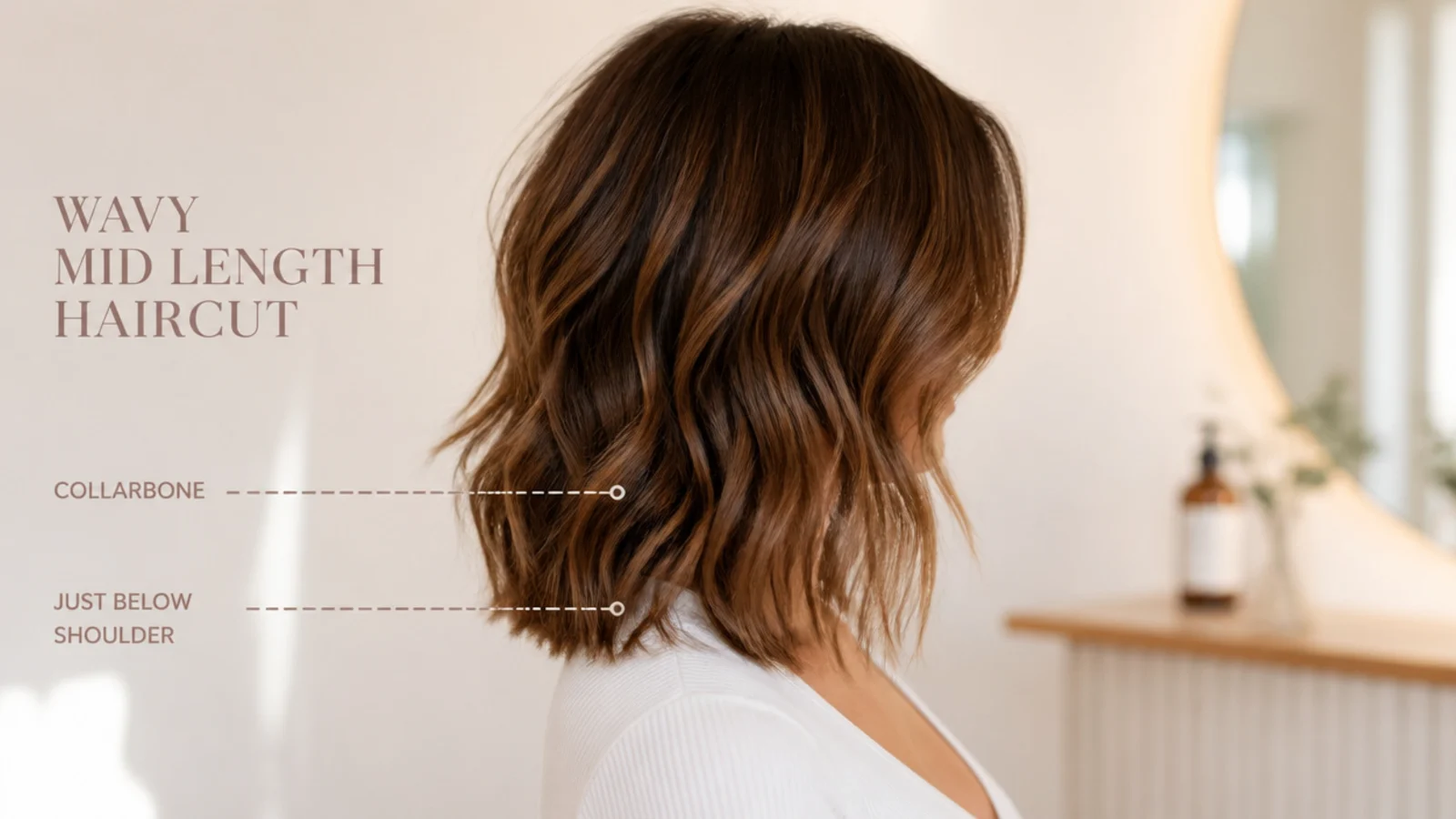 Wavy hair shown at collarbone and shoulder blade length with marked guide lines