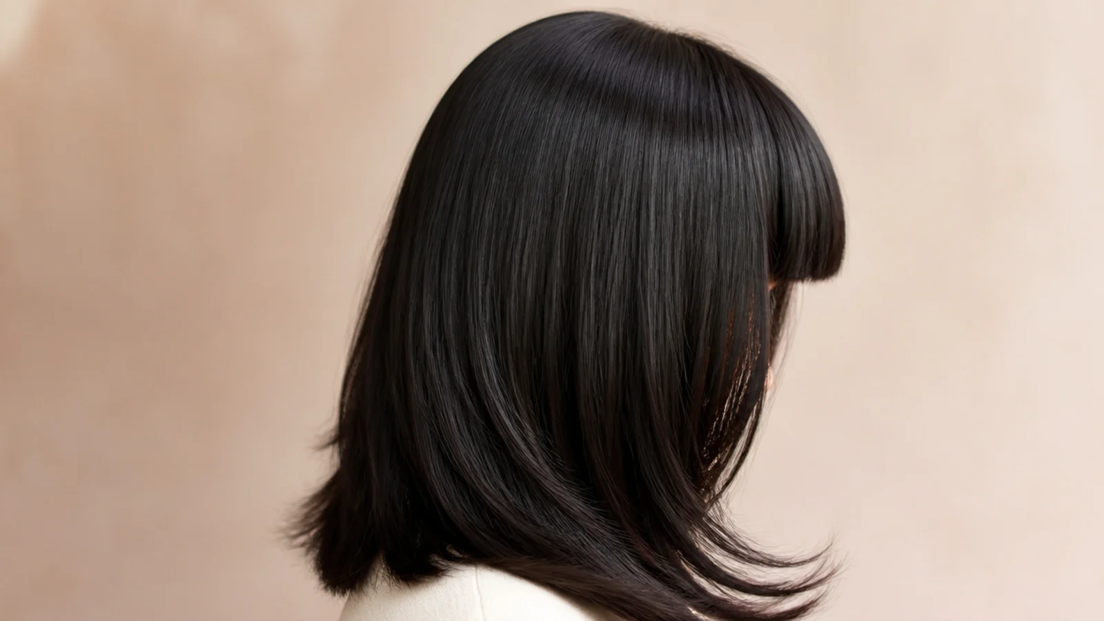 Jet black hair with a heavy blunt fringe cut straight across the brows
