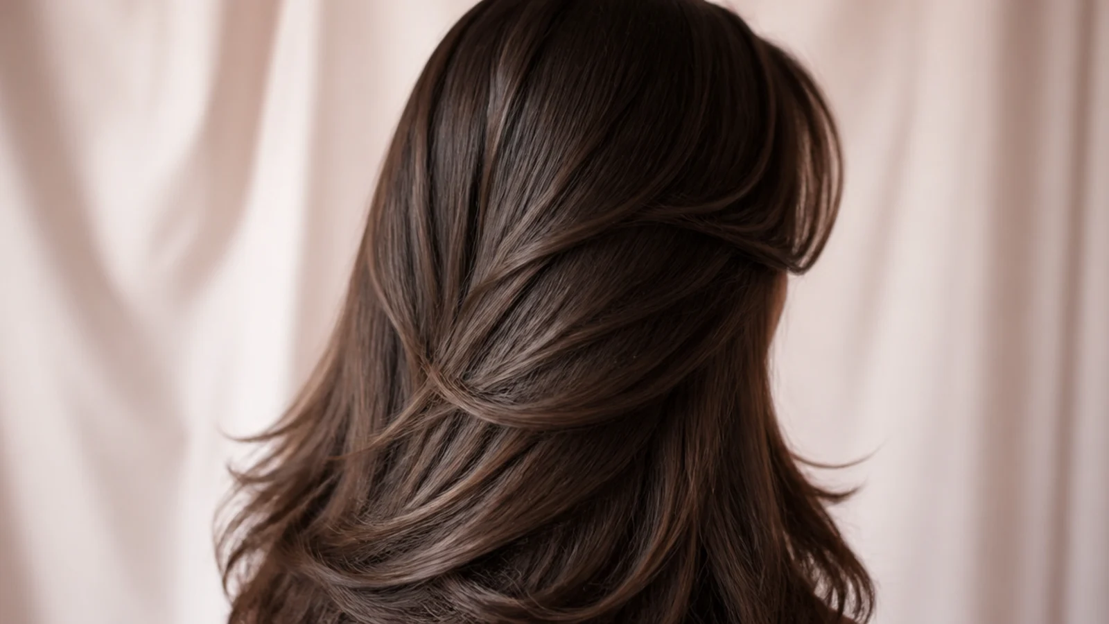 Deep espresso brown hair with centre parted curtain bangs