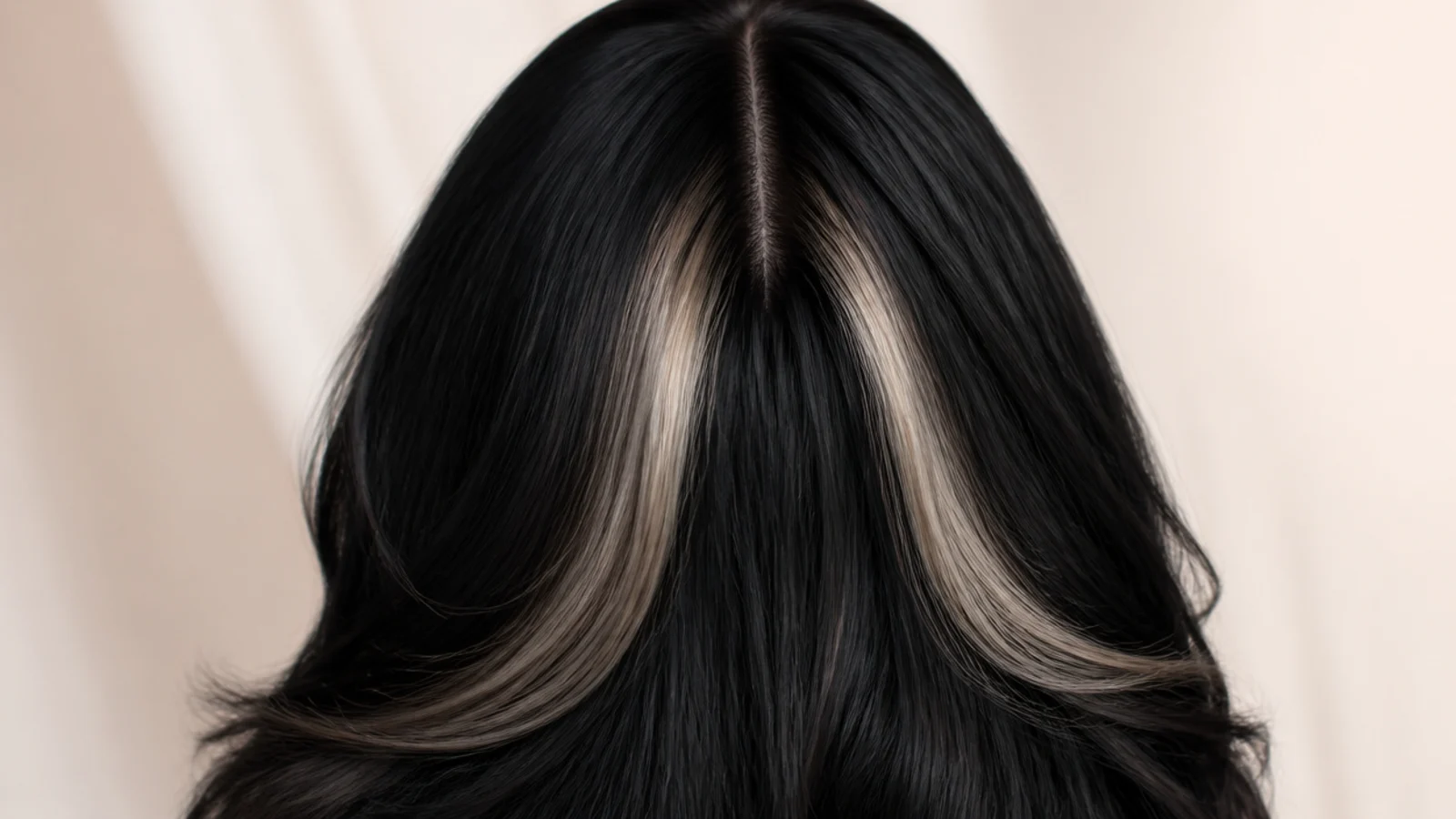 Black hair with two lightened face framing pieces at the front