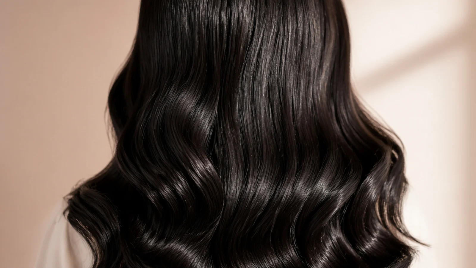 Polished Hollywood waves in black hair falling over one shoulder