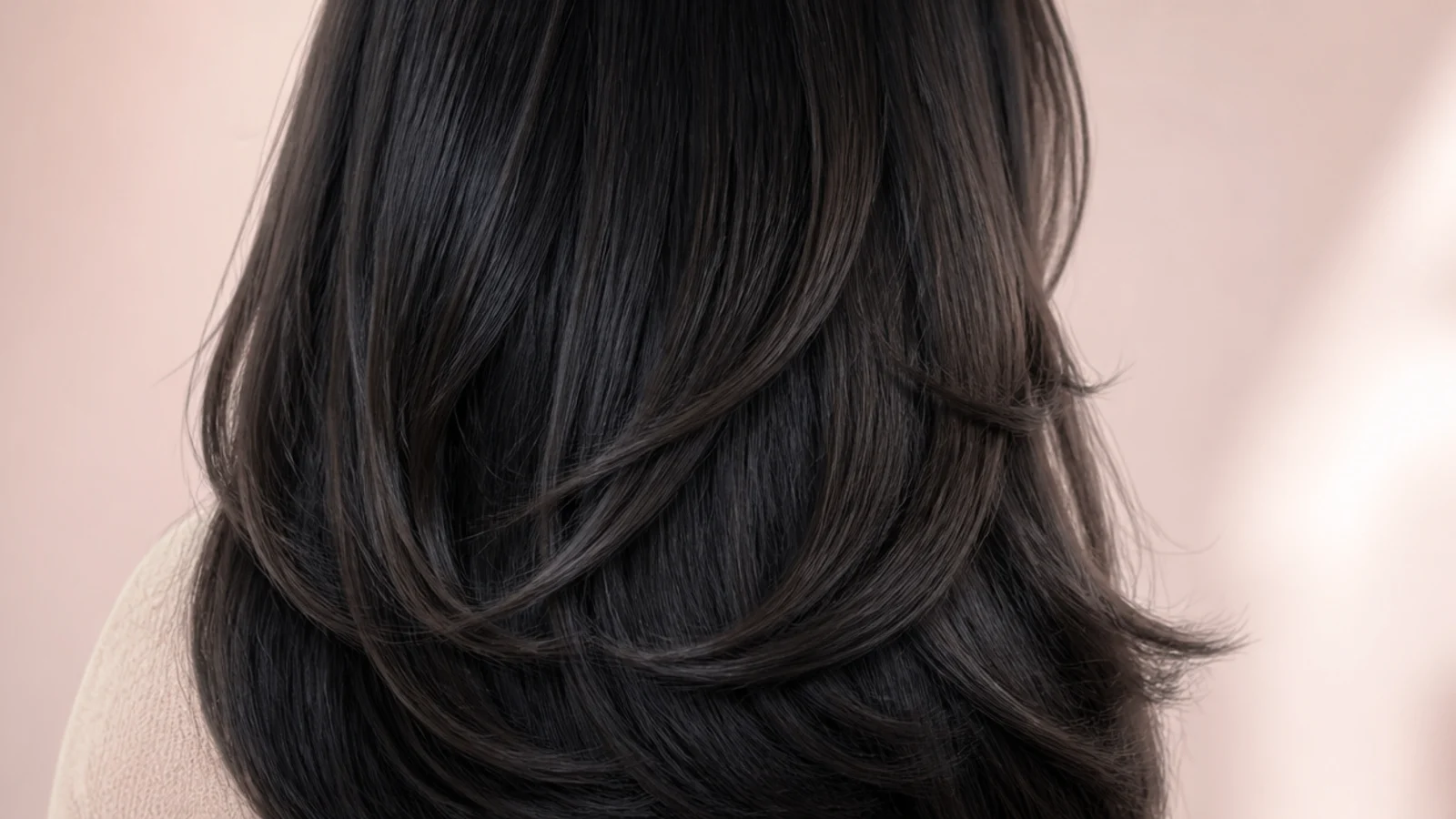 Black hair with a deeper shadow root melting into slightly lighter lengths