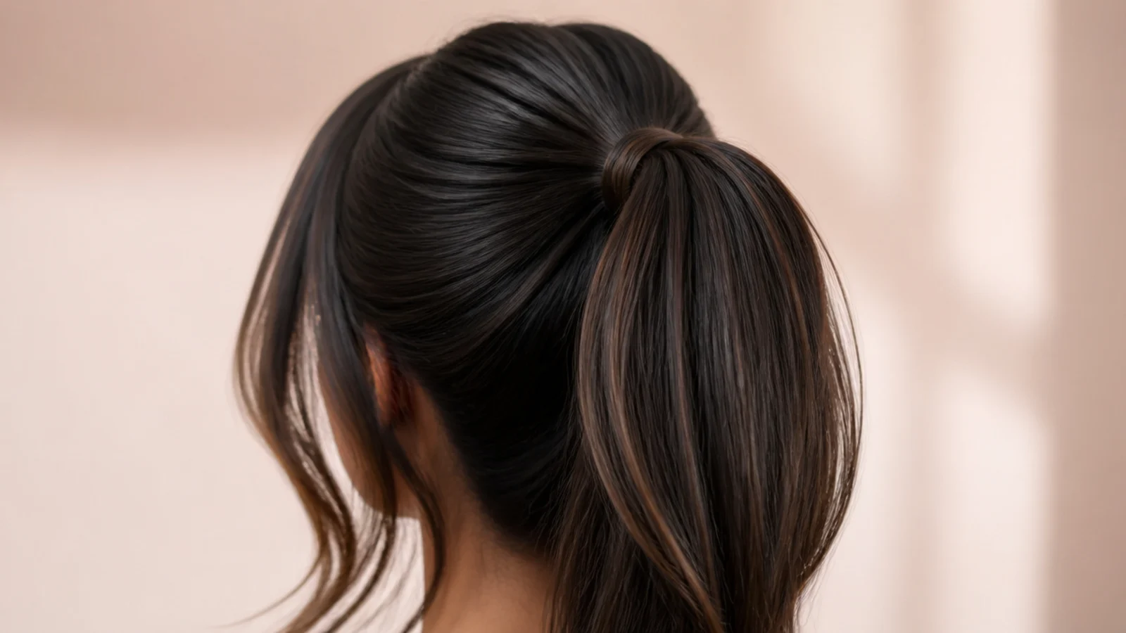 A sleek high ponytail in black hair with a smooth crown