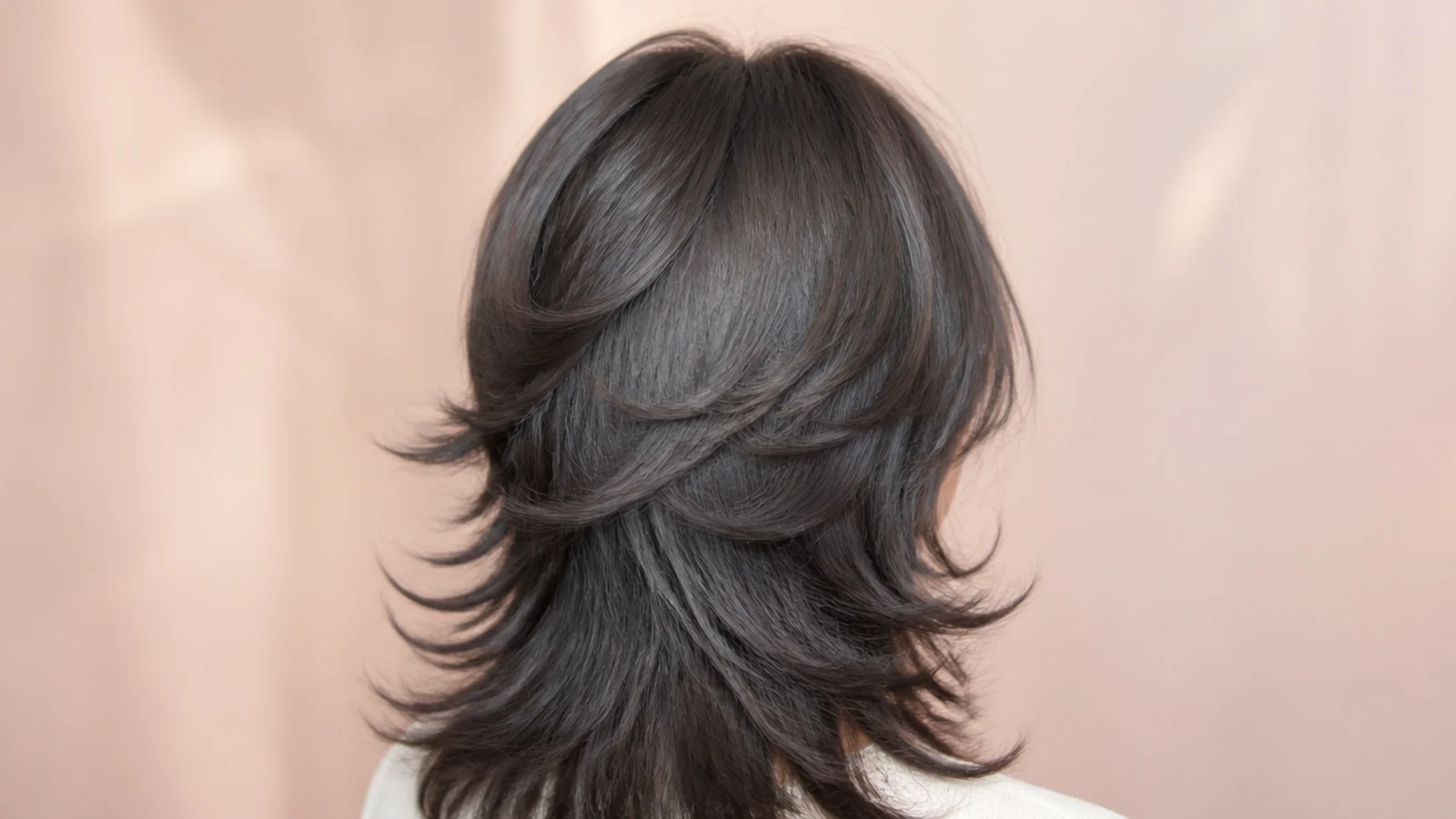 A black wolf cut with a short layered crown and long ends