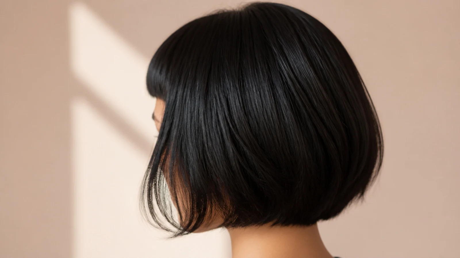 A sharp black bob with a very short micro fringe above the brows