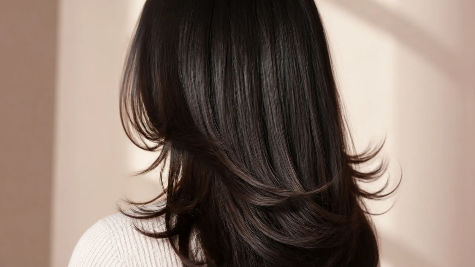 Black hair with soft face framing layers falling beside the cheeks